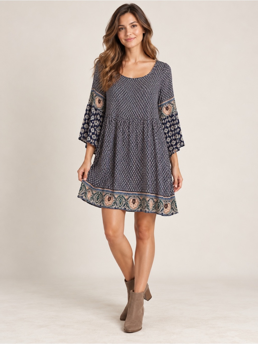 Umgee Medium Navy Cream Floral Diamond Print Tunic Dress 3/4 Sleeve Boho